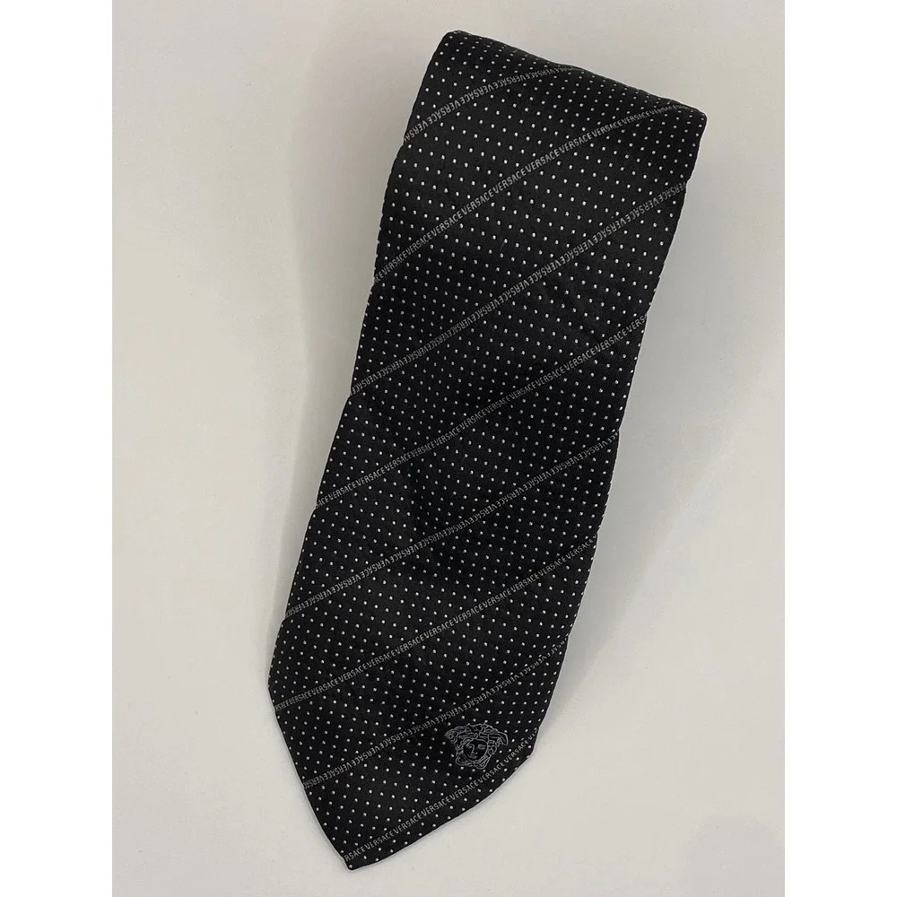 Rare Gianni Versace Men's Black Polka Dot Silk‎ Necktie Medusa Logo Italy Formal